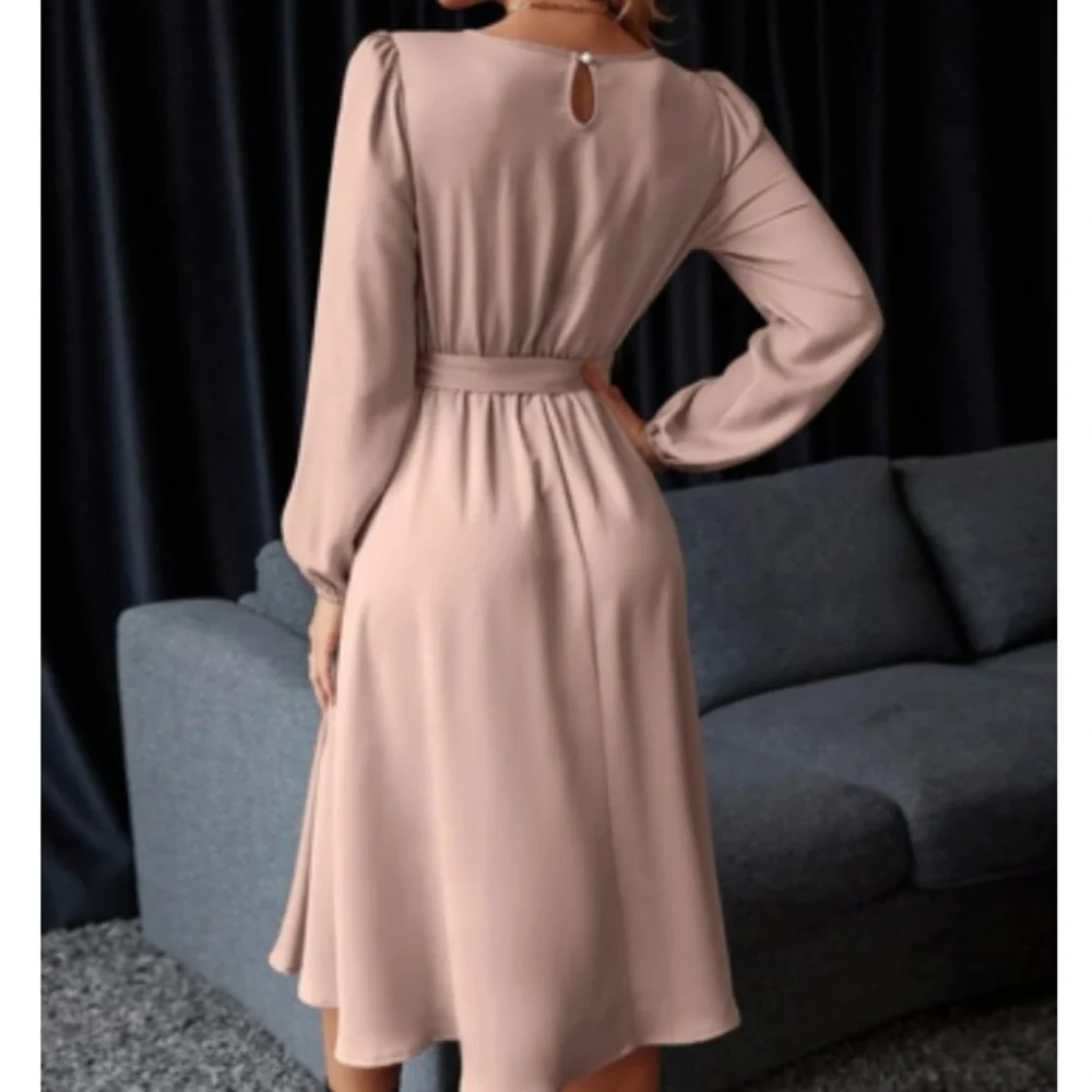 Luxurious satin belted keyhole back dress